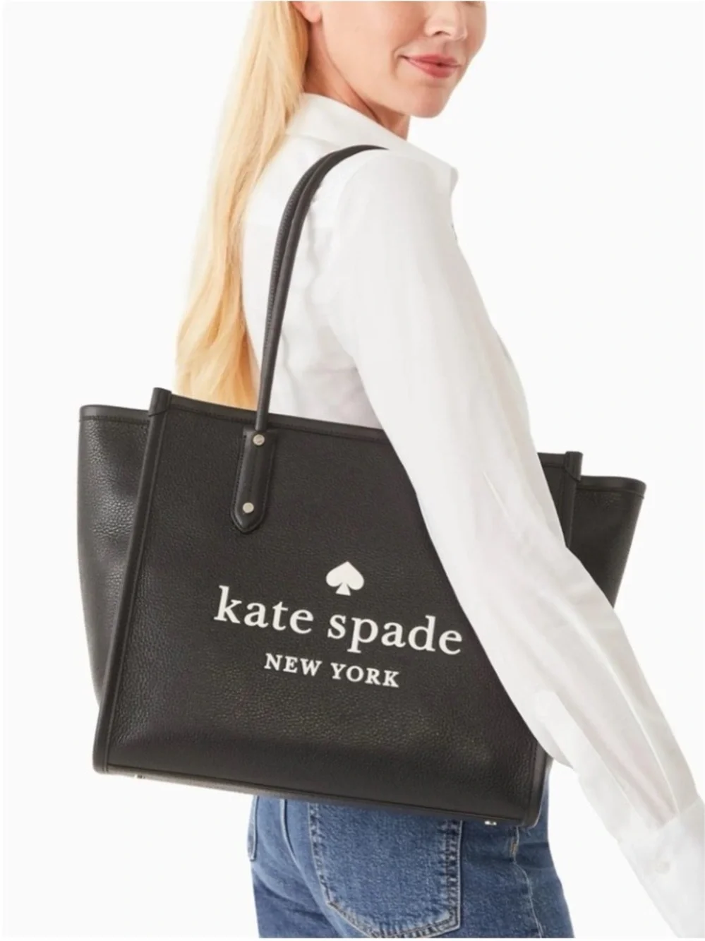 Kate Spade Ella Tote Black Pebbled Leather Logo with White Print